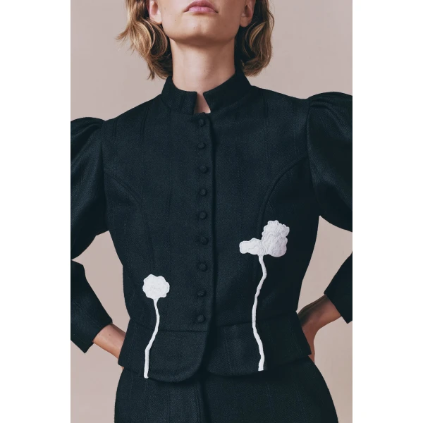Destree Black virgin wool jacket with puff sleeves and floral embroidery - Destree - Graphic Parisian Fashion - Shop at Coveti