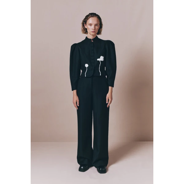 Destree Black virgin wool jacket with puff sleeves and floral embroidery - Destree - Graphic Parisian Fashion - Shop at Coveti