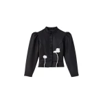 Destree Black virgin wool jacket with puff sleeves and floral embroidery - Destree - Graphic Parisian Fashion - Shop at Coveti