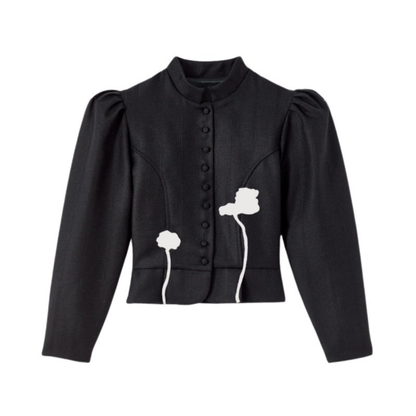 Destree Black virgin wool jacket with puff sleeves and floral embroidery - Destree - Graphic Parisian Fashion - Shop at Coveti