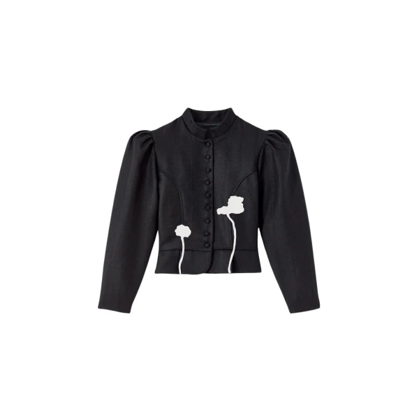 Destree Black virgin wool jacket with puff sleeves and floral embroidery - Destree - Graphic Parisian Fashion - Shop at Coveti