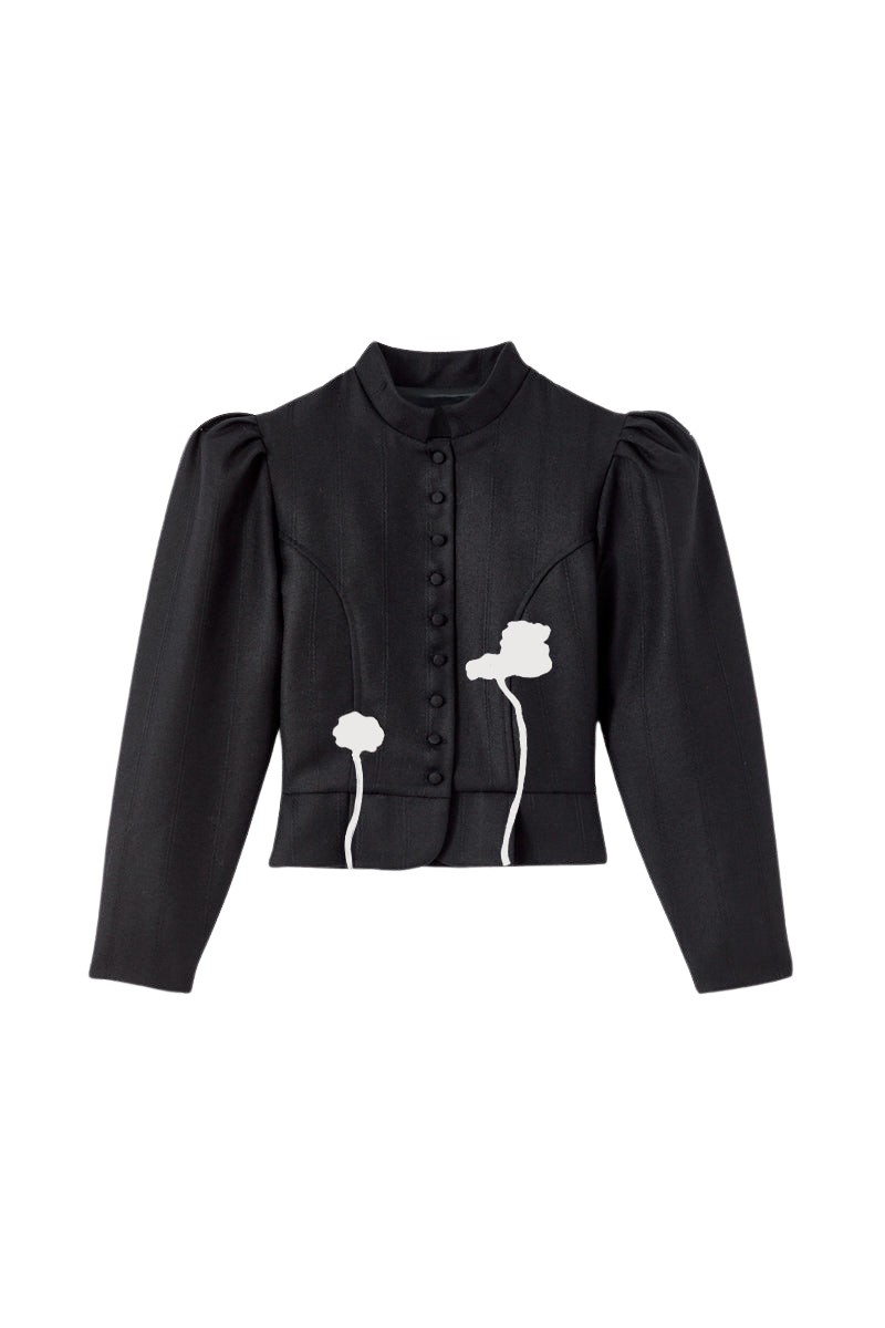 Destree Black virgin wool jacket with puff sleeves and floral embroidery