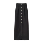 Destree Black virgin wool long skirt with refined buttons - Destree - Graphic Parisian Fashion - Shop at Coveti