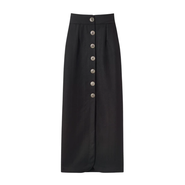 Destree Black virgin wool long skirt with refined buttons - Destree - Graphic Parisian Fashion - Shop at Coveti