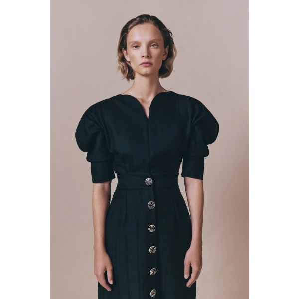 Destree Black virgin wool sculptural top with puffed sleeves - Destree - Graphic Parisian Fashion - Shop at Coveti