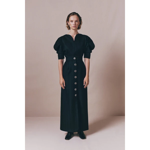 Destree Black virgin wool sculptural top with puffed sleeves - Destree - Graphic Parisian Fashion - Shop at Coveti