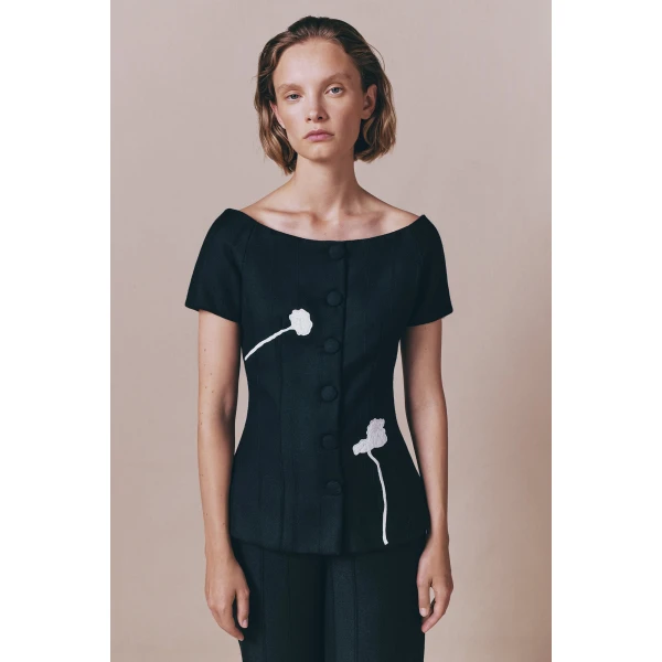 Destree Black virgin wool top with floral embroidery - Destree - Graphic Parisian Fashion - Shop at Coveti