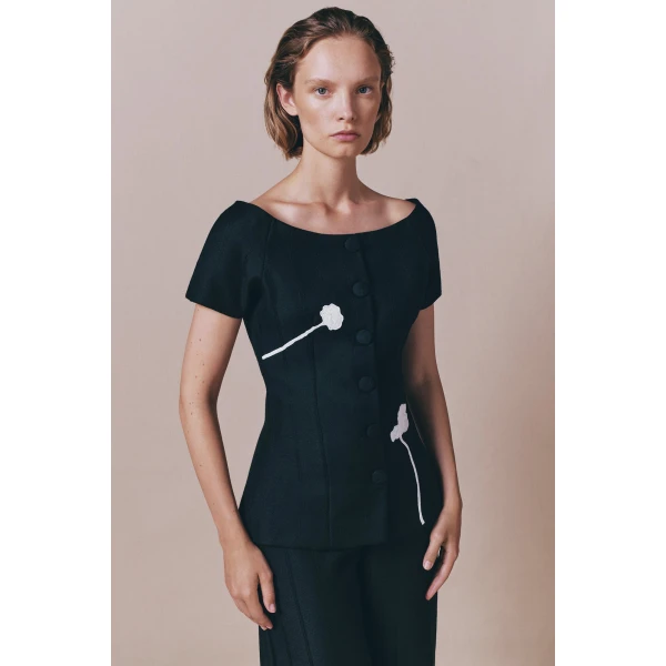 Destree Black virgin wool top with floral embroidery - Destree - Graphic Parisian Fashion - Shop at Coveti
