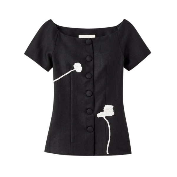 Destree Black virgin wool top with floral embroidery - Destree - Graphic Parisian Fashion - Shop at Coveti