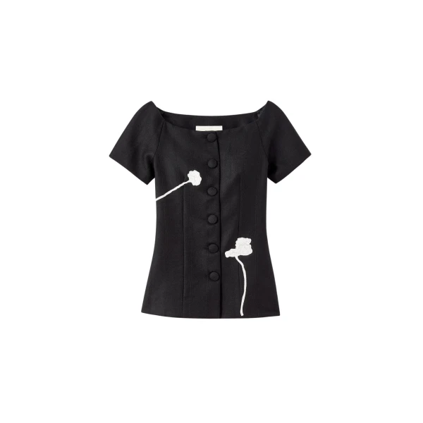 Destree Black virgin wool top with floral embroidery - Destree - Graphic Parisian Fashion - Shop at Coveti