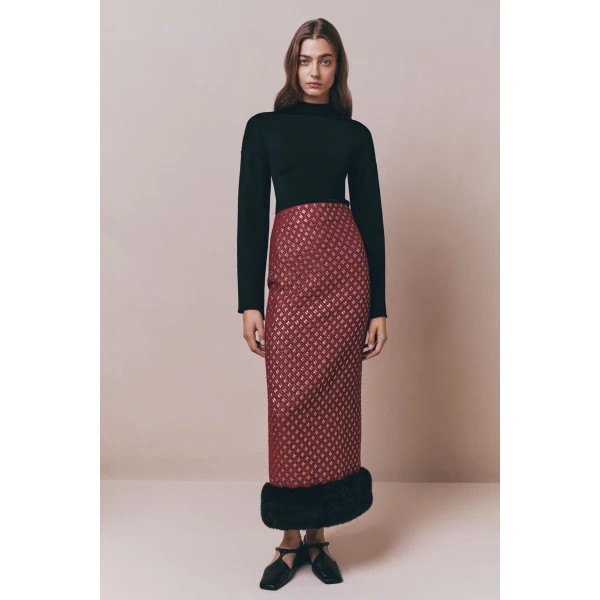 Destree Burgundy & gold jacquard skirt with faux fur trim - Destree - Graphic Parisian Fashion - Shop at Coveti