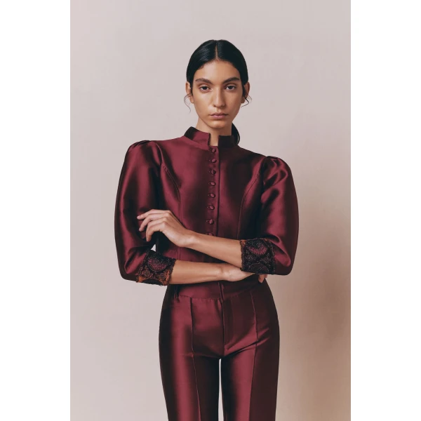 Destree Burgundy satin puff sleeves jacket with embroidered details - Destree - Graphic Parisian Fashion - Shop at Coveti