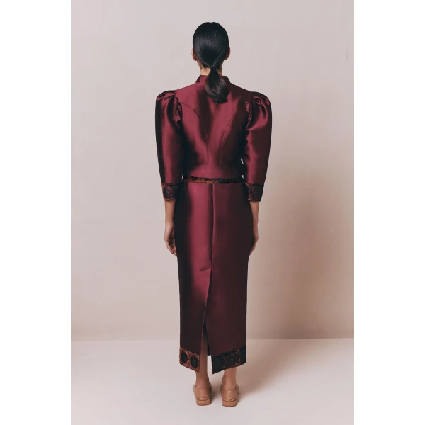 Destree Burgundy satin puff sleeves jacket with embroidered details - Destree - Graphic Parisian Fashion - Shop at Coveti