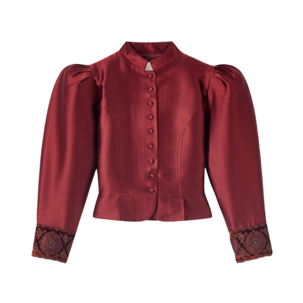 Destree Burgundy satin puff sleeves jacket with embroidered details - Destree - Graphic Parisian Fashion - Shop at Coveti