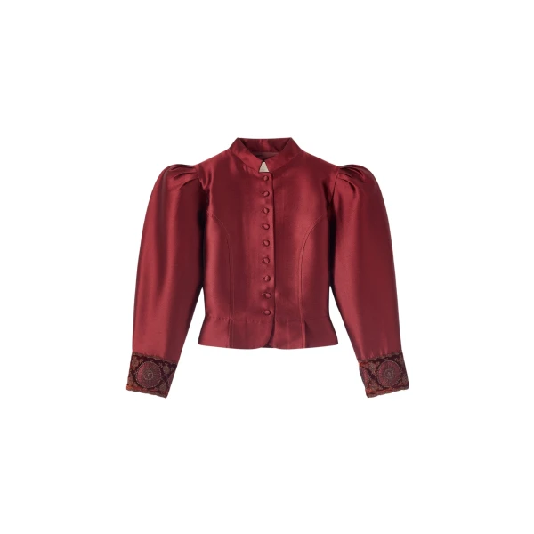 Destree Burgundy satin puff sleeves jacket with embroidered details - Destree - Graphic Parisian Fashion - Shop at Coveti