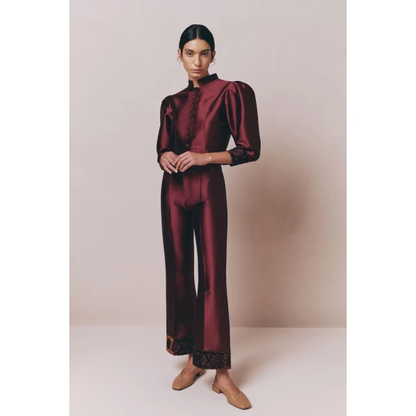 Destree Burgundy satin straight pants with embroidered details - Destree - Graphic Parisian Fashion - Shop at Coveti