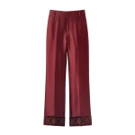 Destree Burgundy satin straight pants with embroidered details - Destree - Graphic Parisian Fashion - Shop at Coveti