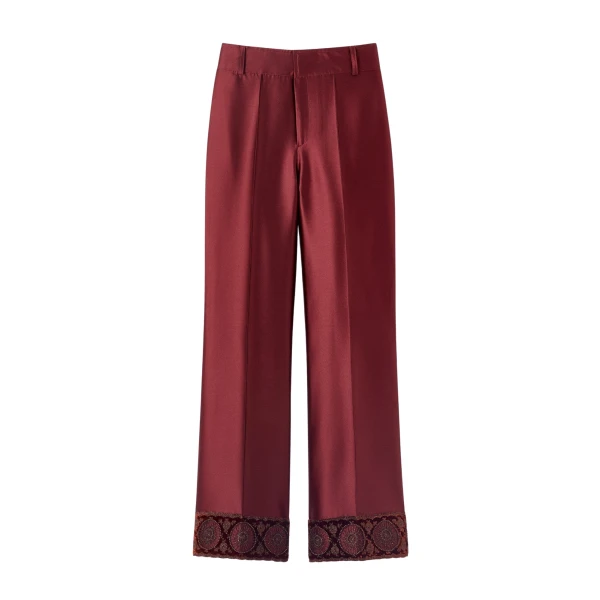 Destree Burgundy satin straight pants with embroidered details - Destree - Graphic Parisian Fashion - Shop at Coveti