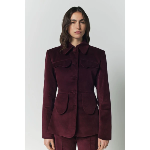 Destree Burgundy velvet utility button-front jacket - Destree - Graphic Parisian Fashion - Shop at Coveti