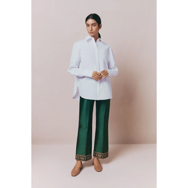 Destree Forest satin straight pants with embroidered details - Destree - Graphic Parisian Fashion - Shop at Coveti