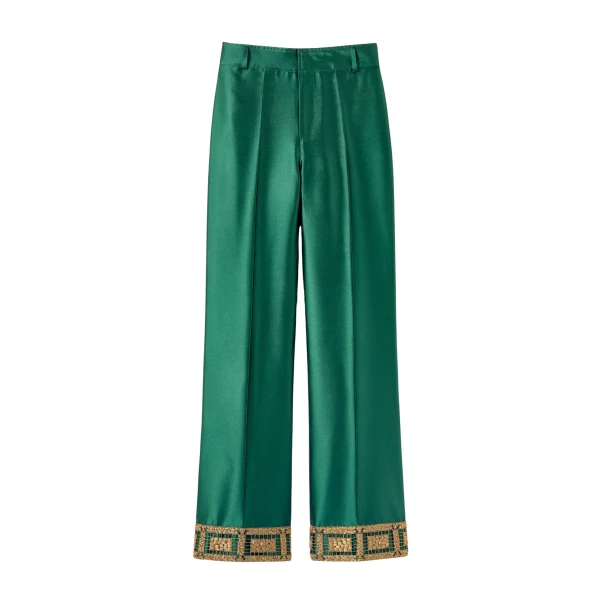Destree Forest satin straight pants with embroidered details - Destree - Graphic Parisian Fashion - Shop at Coveti