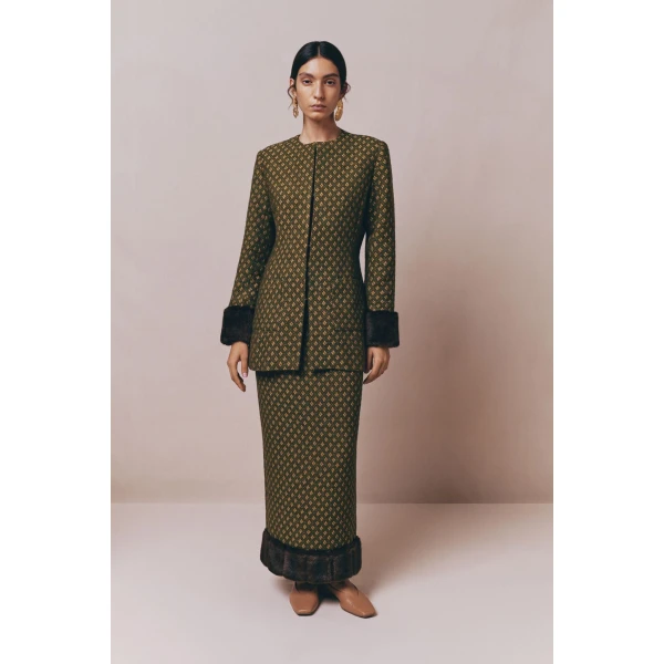 Destree Green jacquard skirt with faux fur trim - Destree - Graphic Parisian Fashion - Shop at Coveti