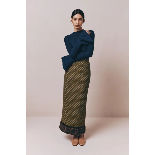 Destree Green jacquard skirt with faux fur trim - Destree - Graphic Parisian Fashion - Shop at Coveti