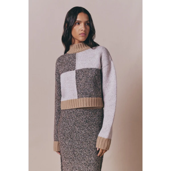Destree Patchwork cropped sweater in merino wool blend - Destree - Graphic Parisian Fashion - Shop at Coveti