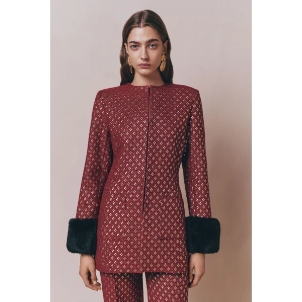 Destree Structured burgundy & gold jacquard long jacket with soft faux fur cuffs - Destree - Graphic Parisian Fashion - Shop at Coveti