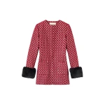 Destree Structured burgundy & gold jacquard long jacket with soft faux fur cuffs - Destree - Graphic Parisian Fashion - Shop at Coveti
