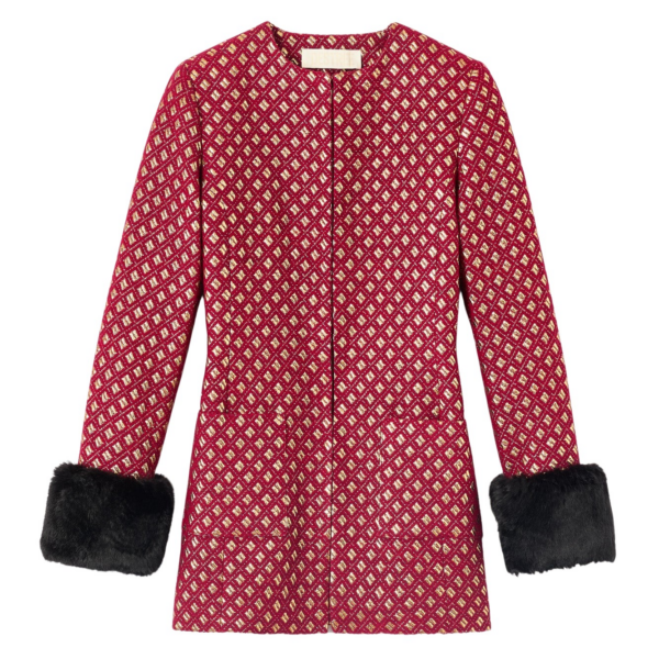 Destree Structured burgundy & gold jacquard long jacket with soft faux fur cuffs - Destree - Graphic Parisian Fashion - Shop at Coveti