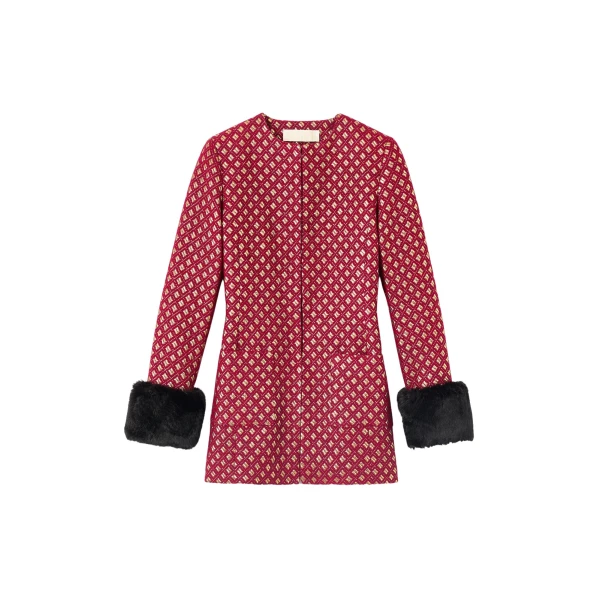 Destree Structured burgundy & gold jacquard long jacket with soft faux fur cuffs - Destree - Graphic Parisian Fashion - Shop at Coveti