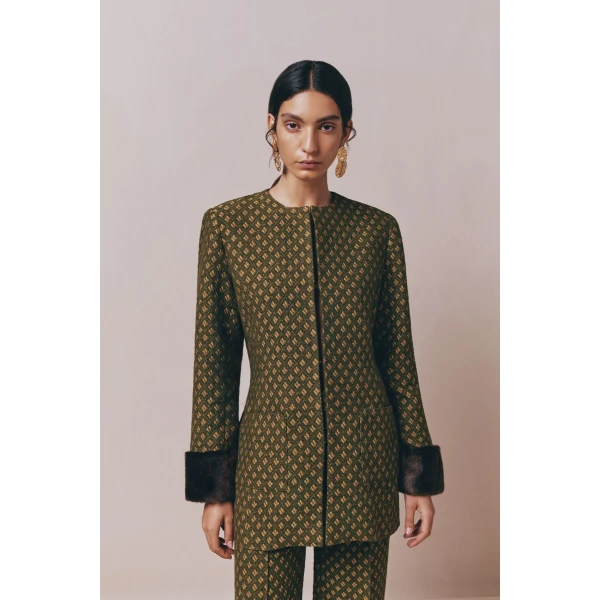 Destree Structured green jacquard long jacket with soft faux fur cuffs - Destree - Graphic Parisian Fashion - Shop at Coveti
