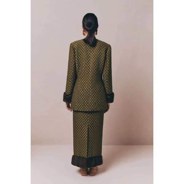 Destree Structured green jacquard long jacket with soft faux fur cuffs - Destree - Graphic Parisian Fashion - Shop at Coveti
