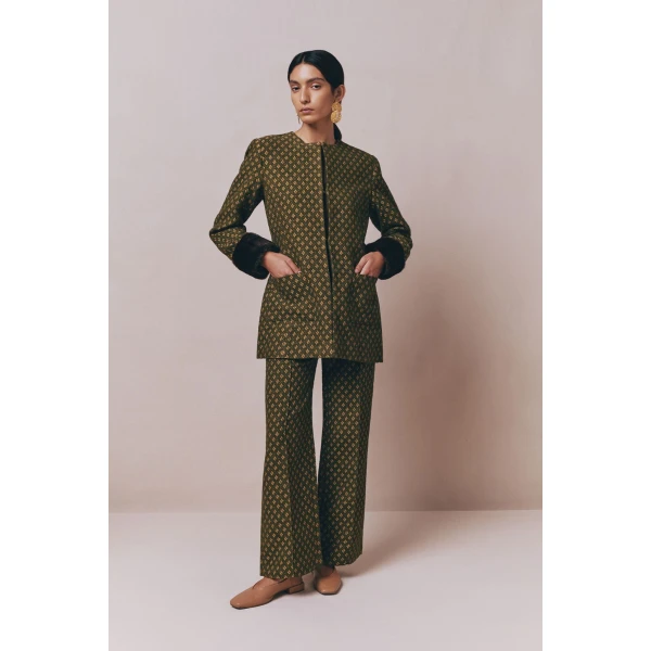 Destree Structured green jacquard long jacket with soft faux fur cuffs - Destree - Graphic Parisian Fashion - Shop at Coveti