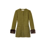Destree Structured green jacquard long jacket with soft faux fur cuffs - Destree - Graphic Parisian Fashion - Shop at Coveti