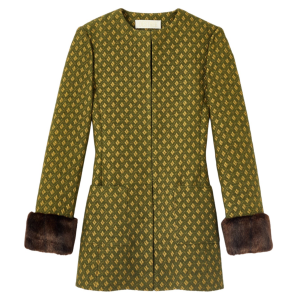 Destree Structured green jacquard long jacket with soft faux fur cuffs - Destree - Graphic Parisian Fashion - Shop at Coveti