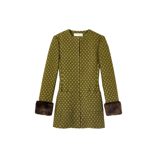 Destree Structured green jacquard long jacket with soft faux fur cuffs - Destree - Graphic Parisian Fashion - Shop at Coveti