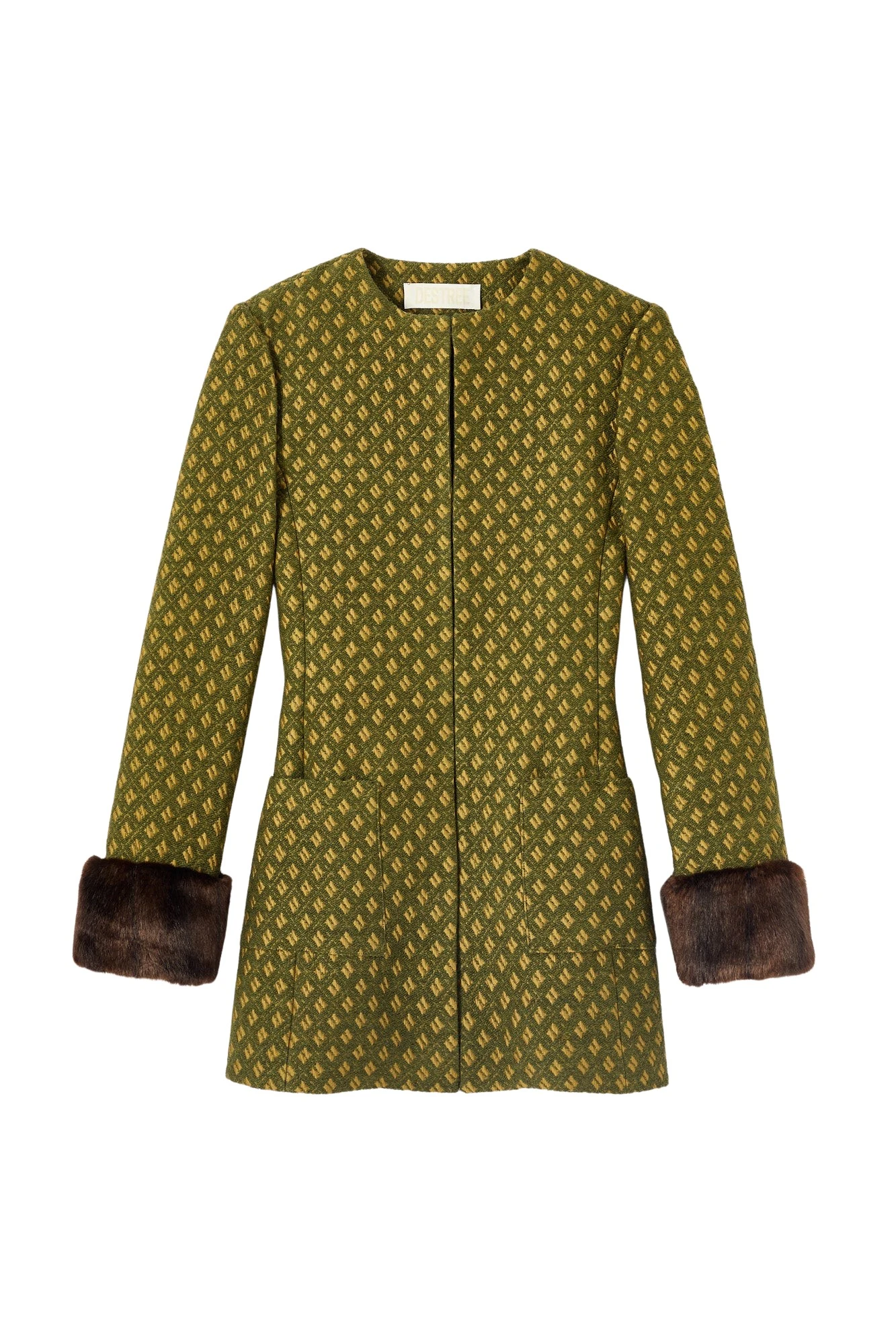 Destree-Structured-green-jacquard-long-jacket-with-soft-faux-fur-cuffs29866_nobg Destree Structured green jacquard long jacket with soft faux fur cuffs - Destree - Graphic Parisian Fashion - Shop at Coveti