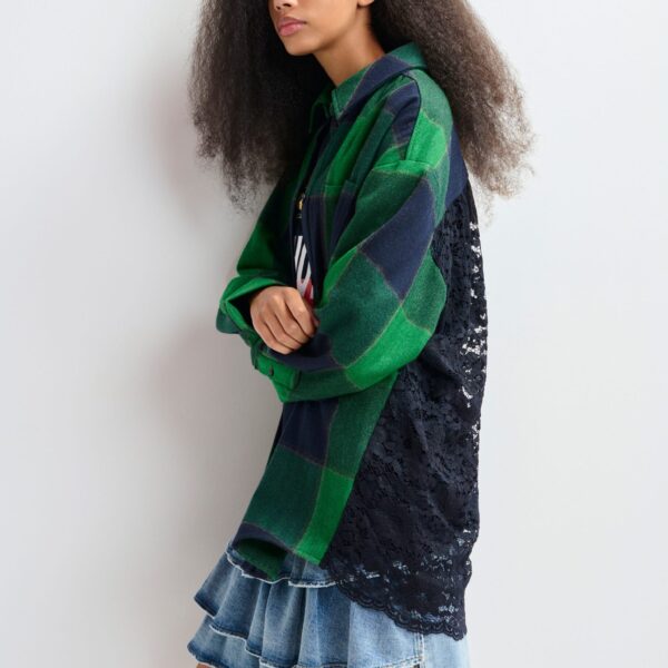 Essentiel Antwerp Green and navy wool-blend checked flannel with lace back panel - Essentiel Antwerp Knitwear - Colorful Belgian Design - Shop at Coveti