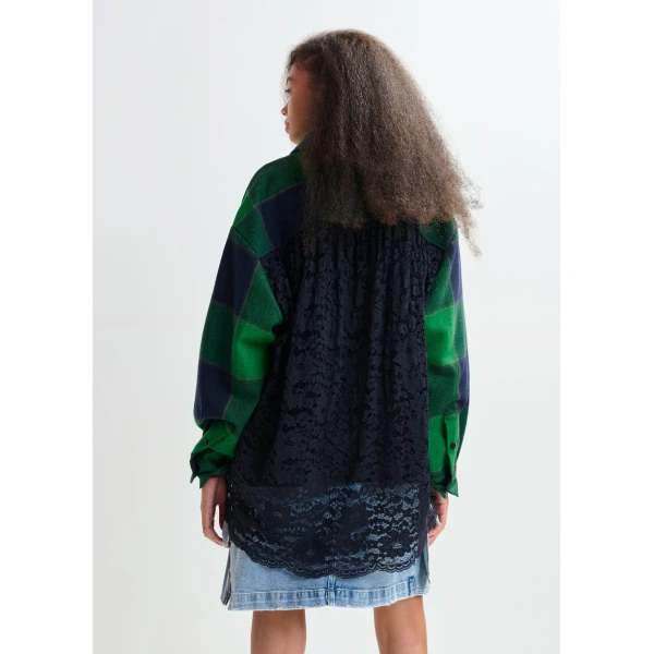 Essentiel Antwerp Green and navy wool-blend checked flannel with lace back panel Knit, view 5