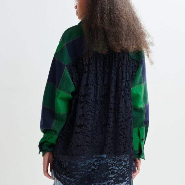 Essentiel Antwerp Green and navy wool-blend checked flannel with lace back panel - Essentiel Antwerp Knitwear - Colorful Belgian Design - Shop at Coveti