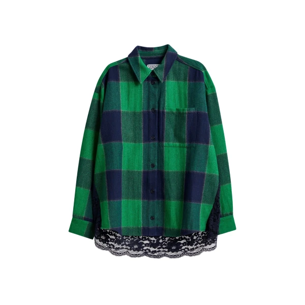 Essentiel Antwerp Green and navy wool-blend checked flannel with lace back panel - Essentiel Antwerp Knitwear - Colorful Belgian Design - Shop at Coveti