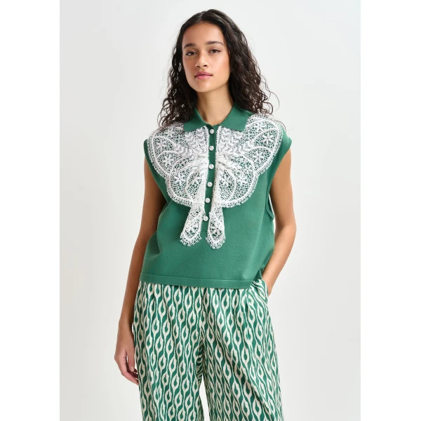 Essentiel Antwerp Green and white sleeveless polo with lace details and pearl buttons Top, view 2