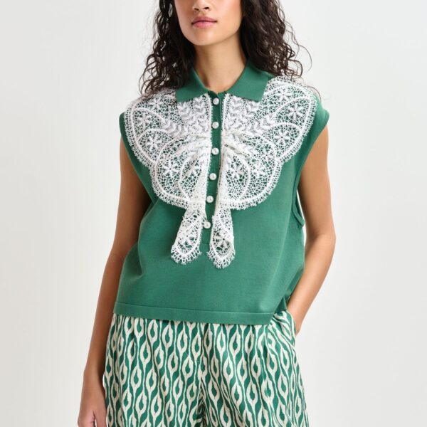 Essentiel Antwerp Green and white sleeveless polo with lace details and pearl buttons - Essentiel Antwerp Tops - Colorful Belgian Design - Shop at Coveti