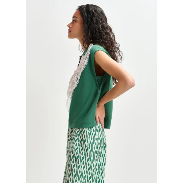 Essentiel Antwerp Green and white sleeveless polo with lace details and pearl buttons Top, view 3