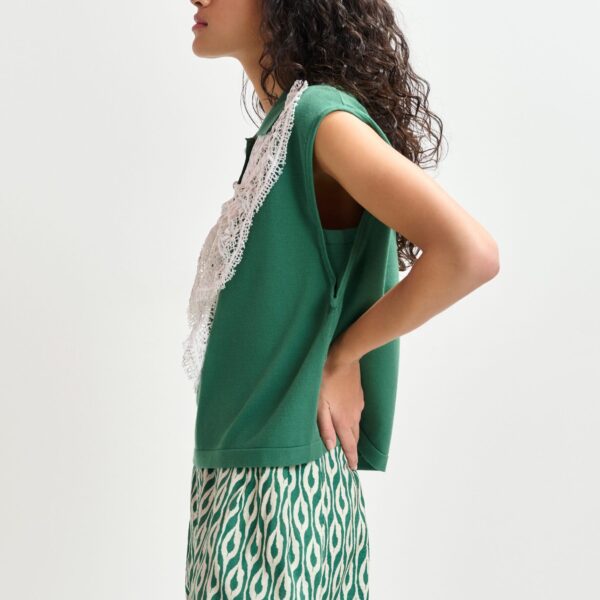Essentiel Antwerp Green and white sleeveless polo with lace details and pearl buttons - Essentiel Antwerp Tops - Colorful Belgian Design - Shop at Coveti