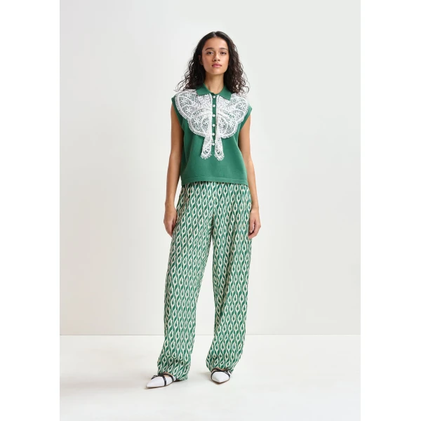 Essentiel Antwerp Green and white sleeveless polo with lace details and pearl buttons Top, view 5