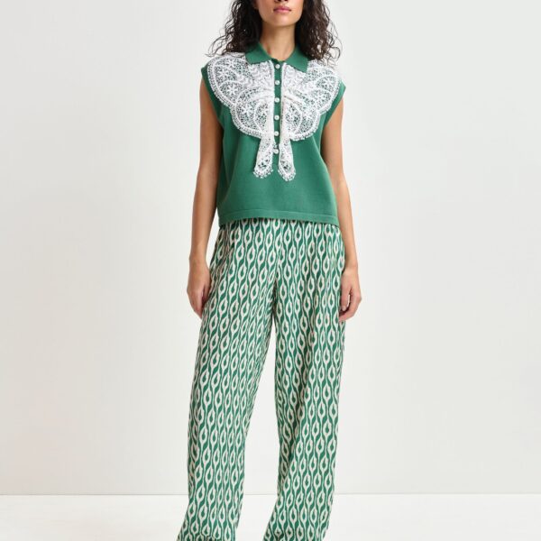 Essentiel Antwerp Green and white sleeveless polo with lace details and pearl buttons - Essentiel Antwerp Tops - Colorful Belgian Design - Shop at Coveti