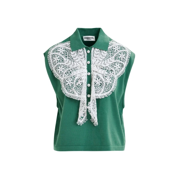 Essentiel Antwerp Green and white sleeveless polo with lace details and pearl buttons - Essentiel Antwerp Tops - Colorful Belgian Design - Shop at Coveti